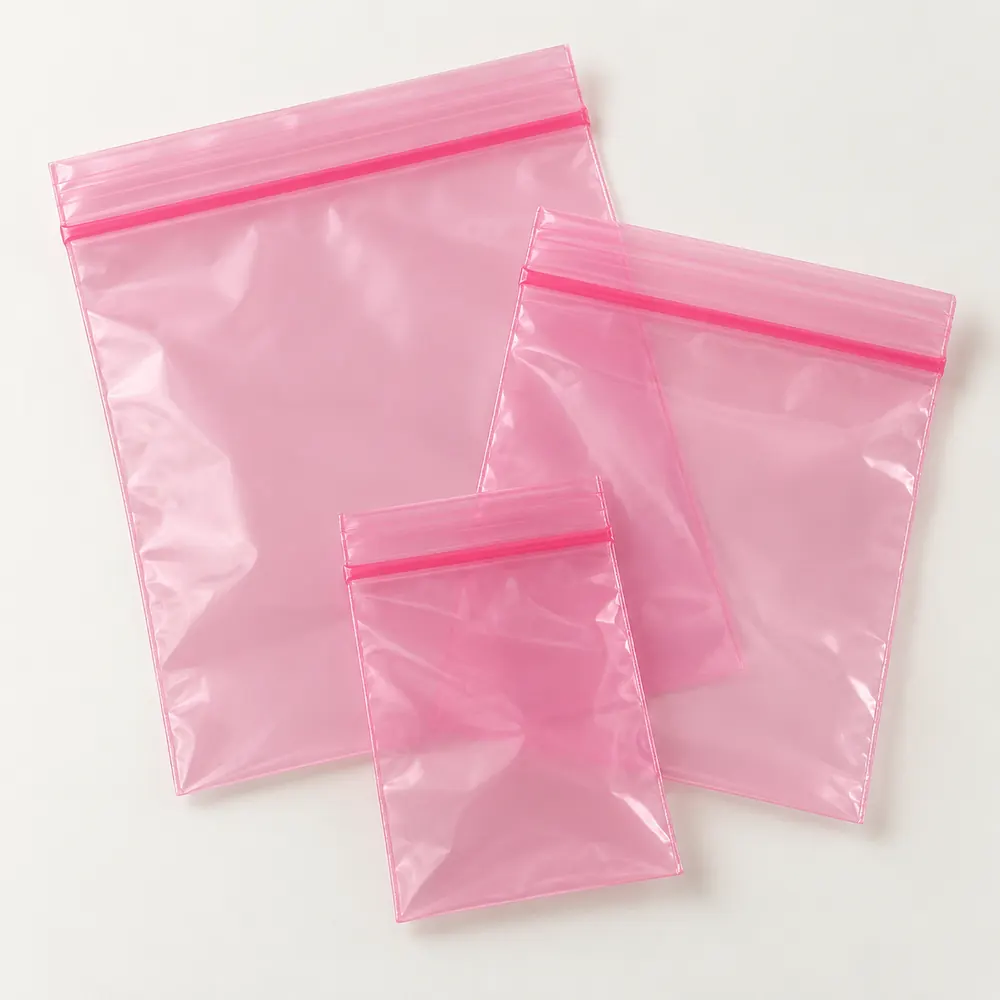 Pink antistatic reclosable bags in three sizes