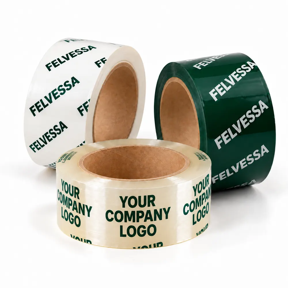 Custom printed packaging tape rolls in white, dark green and clear with logo print