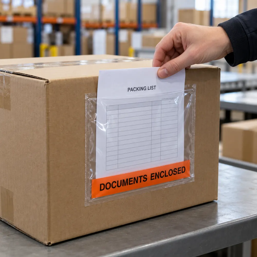 Packing list envelope printed with “Documents Enclosed” on a shipping carton
