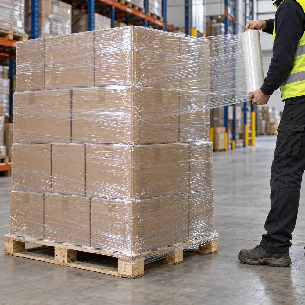 Pallet of cartons being hand-wrapped with clear stretch film in a warehouse